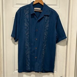 Tommy Bahama Blue Button Up Short Sleeve 100% Silk Hawaiian Shirt Embroidery Med